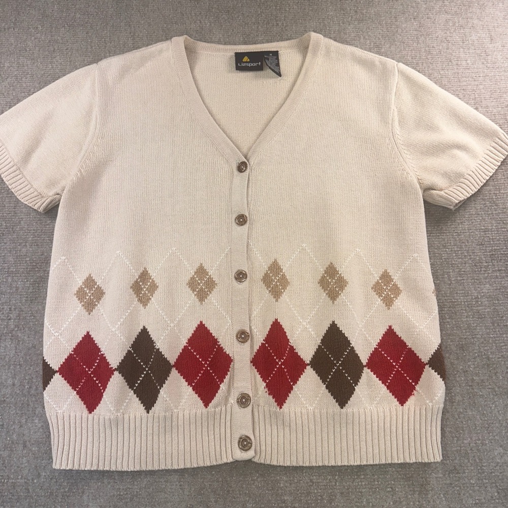 Lizsport Argyle Short Sleeve Cardigan Sweater Cream Red Brown V-Neck Medium